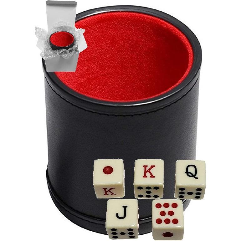 Set of 16mm Poker Dice Squared Corners and Black PU Leather Dice Cup Plush Velvet Lined - Gift Boxed (Spanish Poker (Ivory), Black/Red Cup)