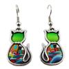 [R1324] - Artisanal Earrings 'Colombine & Harlequin' Green Multicolor Silver (cats) - 22x16 Mm