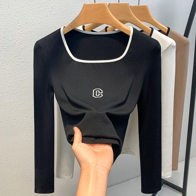 Тонкая базовая футболка для женщин Новая женская футболка с длинным рукавом контрастного цвета с надписями Приталенный топ с квадратным вырезом для ношения под одеждой