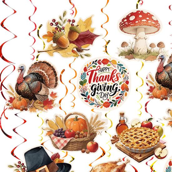 Thanksgiving Hanging Swirls Decorations Turkey Pumpkin Maple Leaves Cutouts Ceiling Streamers for Autumn Party Supplies Holiday Home Decor