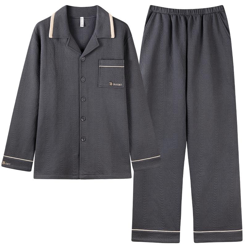 Мужская пижама осенне-зимняя, двухслойная из воздушного хлопка, утолщенная, из чистого хлопка, с длинным рукавом, теплая зимняя, тонкий стеганый комплект для дома