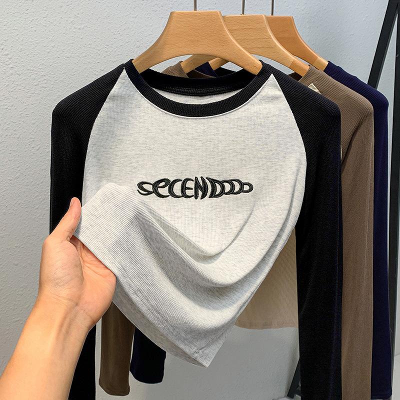 Женский осенне-зимний круглый вырез, контрастные цвета, длинный рукав, тонкий прошитый топ