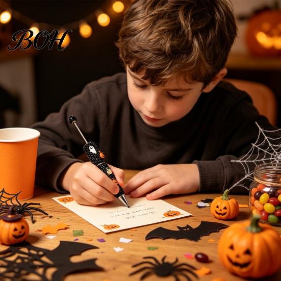 Unique Halloween Gift Rhinestone Beadable Pen, Glitter Plastic Beaded Pumpkin Ghost Skull Festive Gel Ink Pen for DIY Craft Making, School Office