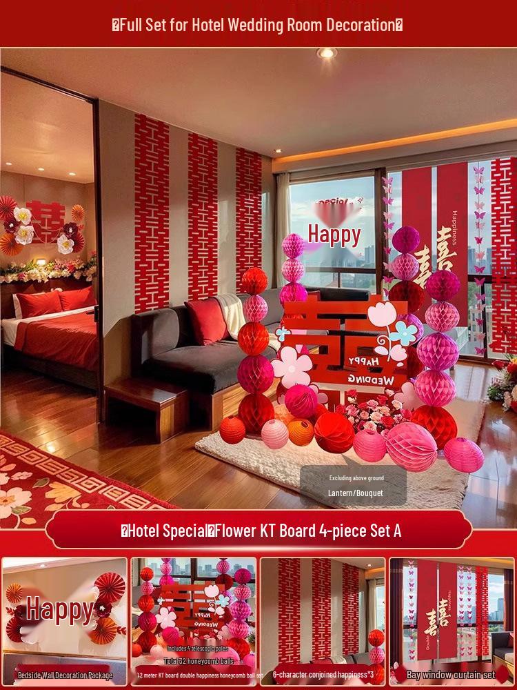Bridal Wedding Room Decoration Set with No-Trace Double Happiness for Hotels and Living Rooms