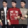 Chinese Traditional Men Tang Suit Shirt Stand Collar Long Sleeve Dragon Print Shirt Pockets Design Tai Chi Tops