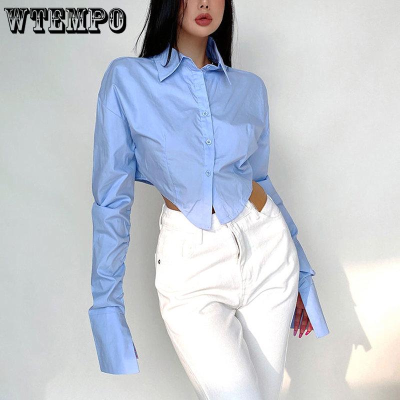 Весенние сине-белые рубашки в корейском стиле с длинными рукавами для девочек, женские укороченные топы на пуговицах с воротником-поло, блузки, уличная одежда