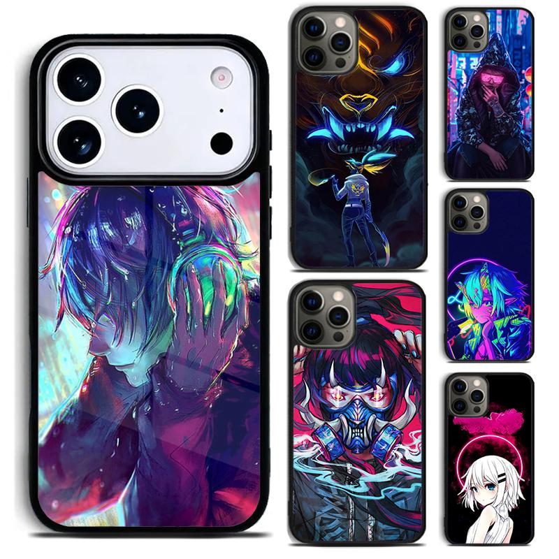 Neon Oni Girl Anime Phone Case for iPhone 17 16 15 Pro Max Air 14 13 12 11 Plus Shockproof Capa Cover