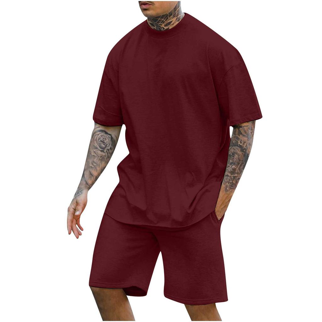 New Men's Round Neck Drop Shoulder Short-sleeved T-shirt Top Shorts Two-piece Fashion Sports and Leisure Suit