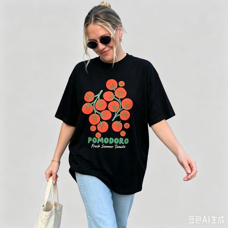 Summer Pomodoro Tomato Print Unisexs Tshirt Simple Versatile Streetwear Loose Fit Black White Tops