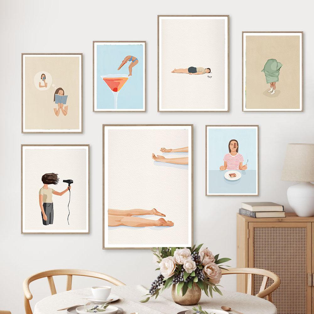 Abstract Character Poster Swimming Girl Wall Art Canvas Minimalist Life Modern Creative Print