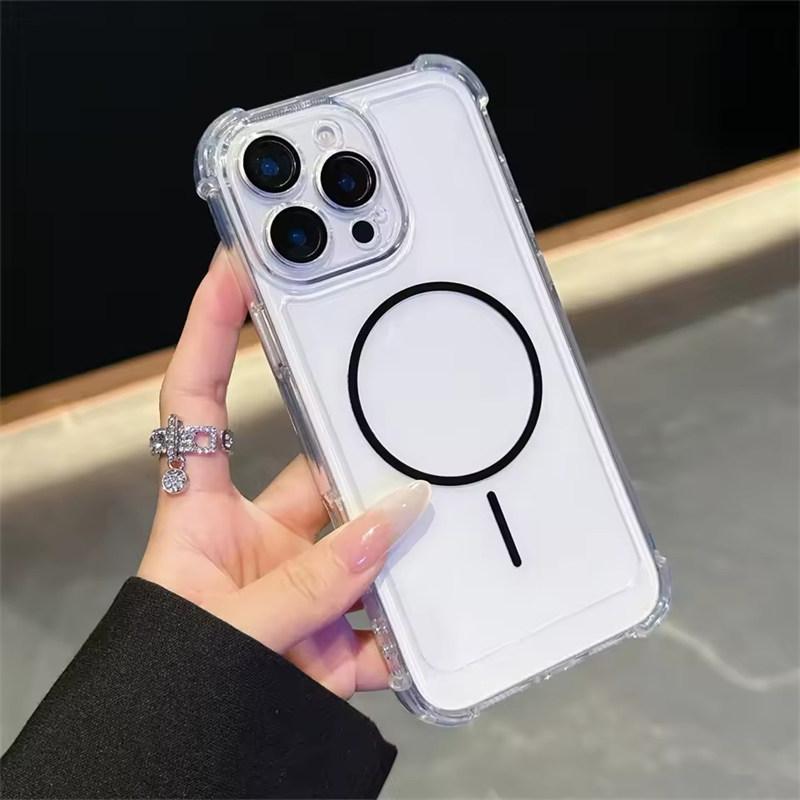 Роскошный Противоударный Прозрачный Чехол-бампер с Подушками Безопасности для MagSafe для iPhone 11 12 13 14 15 16 Pro Max Plus с Магнитной Беспроводной Зарядкой