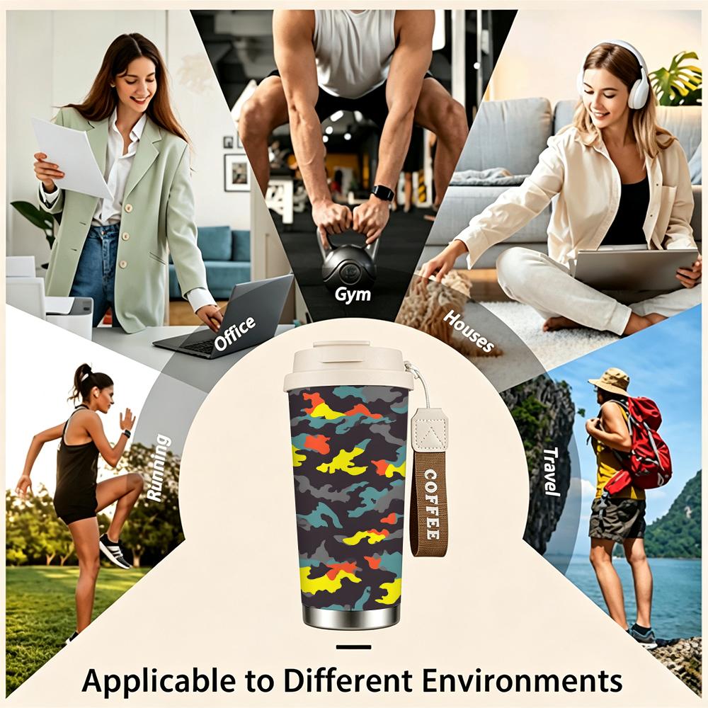 Colorful Camouflage Pattern Stainless Steel Insulated Coffee Tumbler Vacuum Travel Mug,Portable Leakproof Cup for Commute School