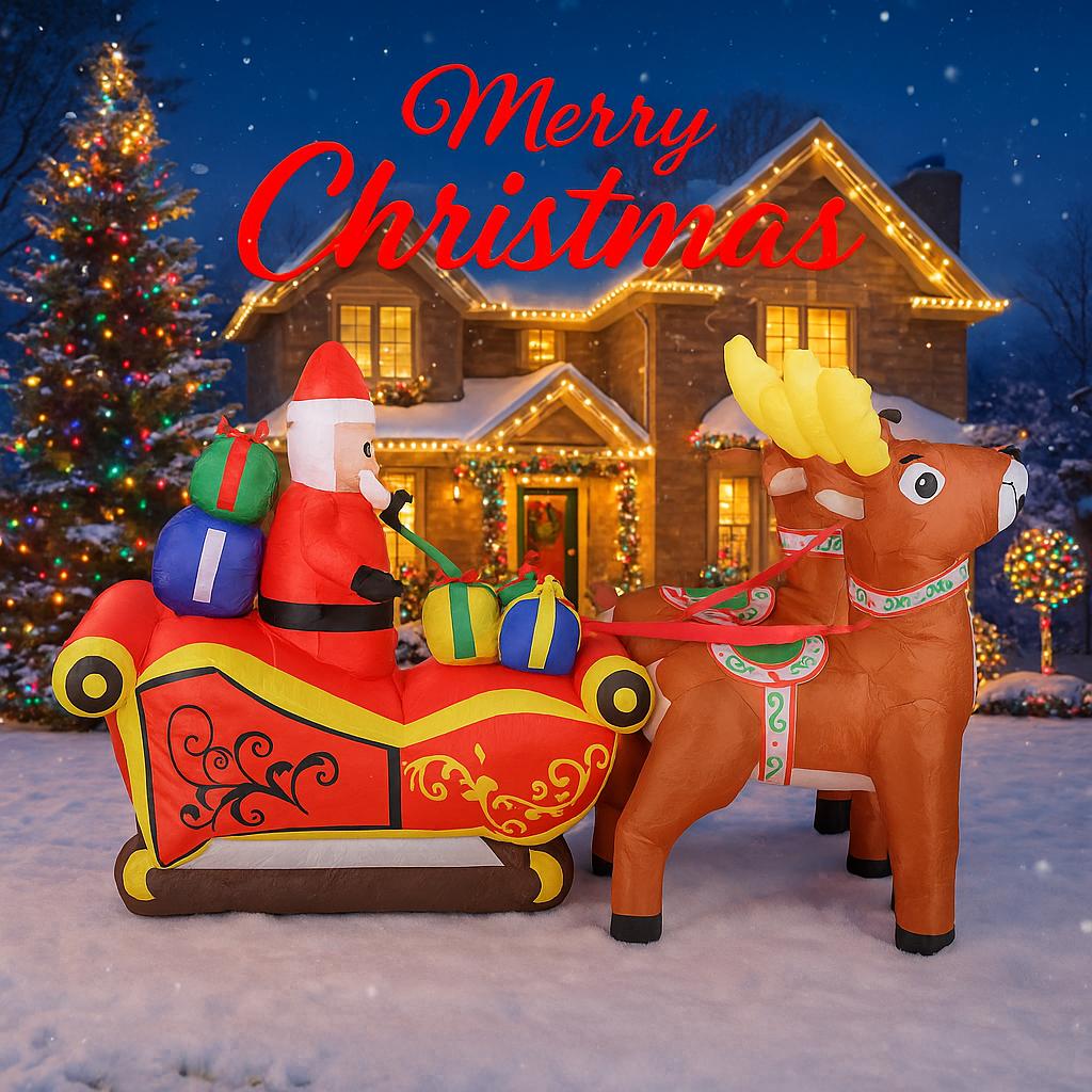 8.2FT Christmas Inflatable Toys Xmas Yard Lawn Party Decoration Santa Sleigh Reindeer Gift Bag Home Xmas Supplies Ornament LED