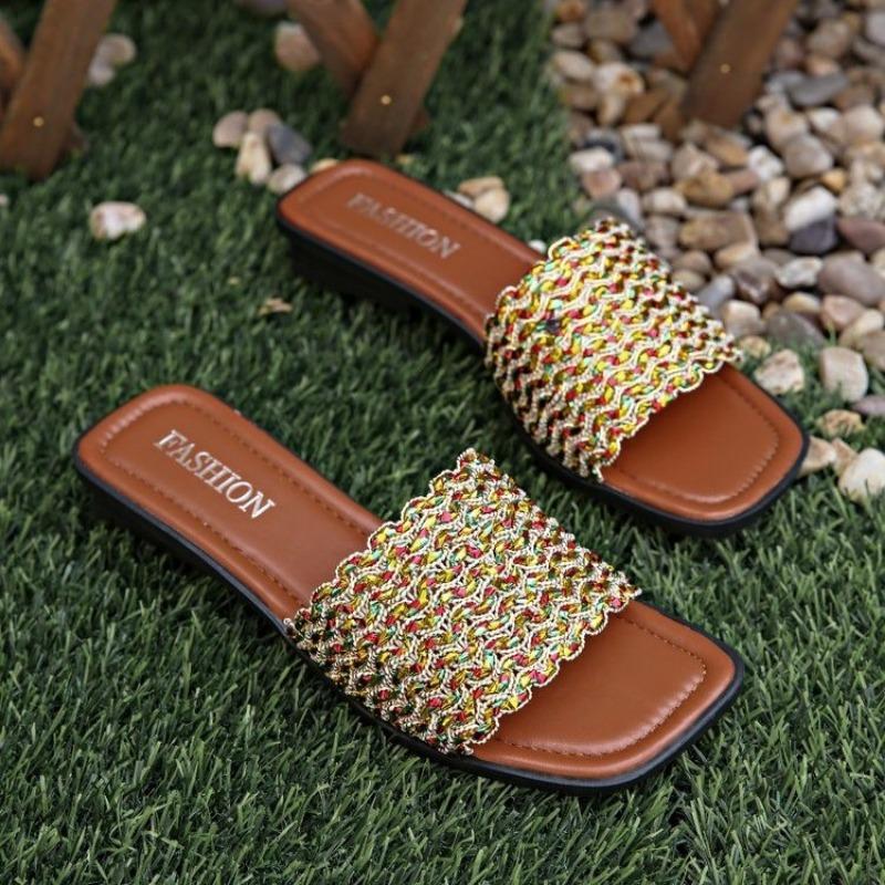 Женские сандалии с квадратным носком, открытым носком, тканой поверхностью, мягкой подошвой, противоскользящие, износостойкие, на низком каблуке, летние шлепанцы