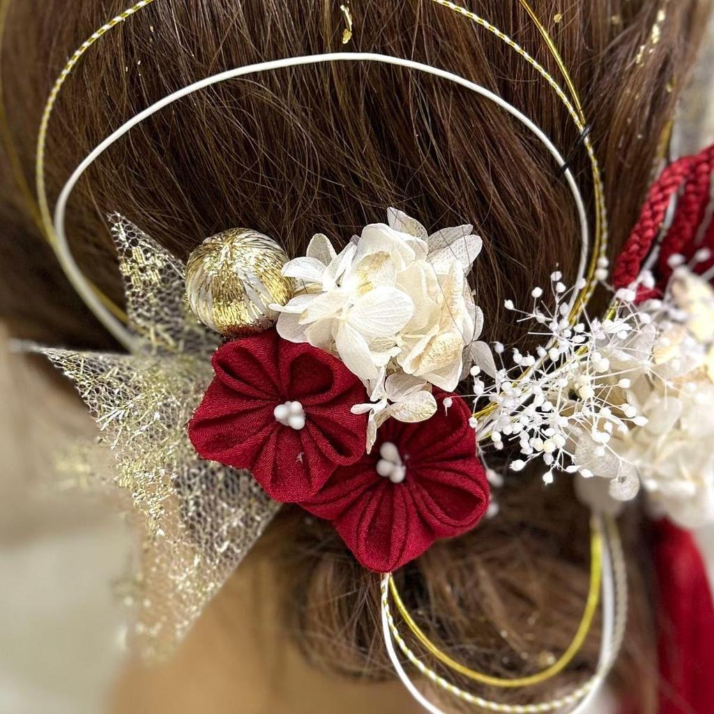 Used Tsumami craft x dried flower hair ornament Red gold white Mizuhiki Japanese ball gold leaf
