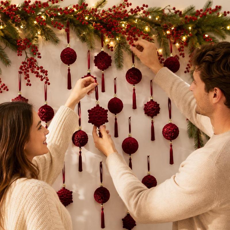 Flocked Christmas Ball Ornaments with Long Tassels Christmas Tree Ornaments Balls New Year Gift Home Party Decoration Supplies