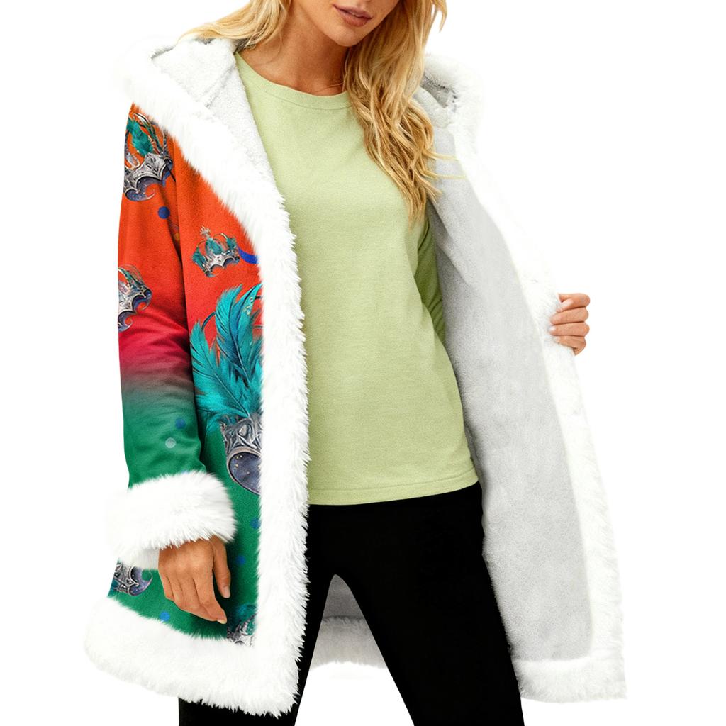Унисекс Повседневная и Модная Куртка с Капюшоном и Длинными Рукавами с Плюшевым Воротником и Принтом Карнавала