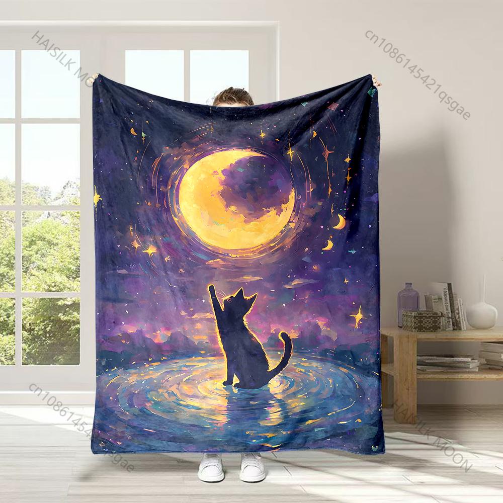 Cat reaches moon reflection Print Adult Children Warm Blankets Home Travel Car Soft and Comfortable Suitable for all seasons