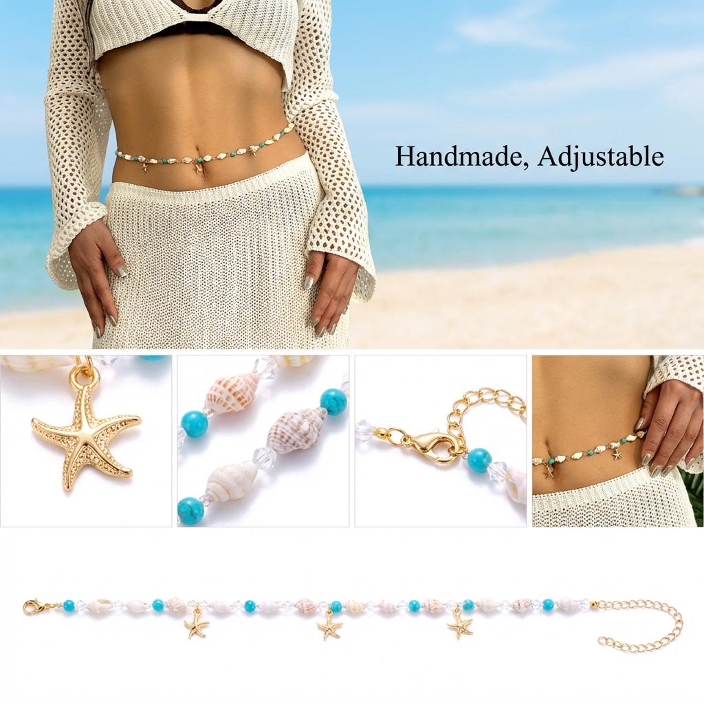 Boho Colorful Beads Waist Chain for Women Fashion Starfish Shell Crystal Belly Chain Summer Beach Sexy Bikini Body Jewelry