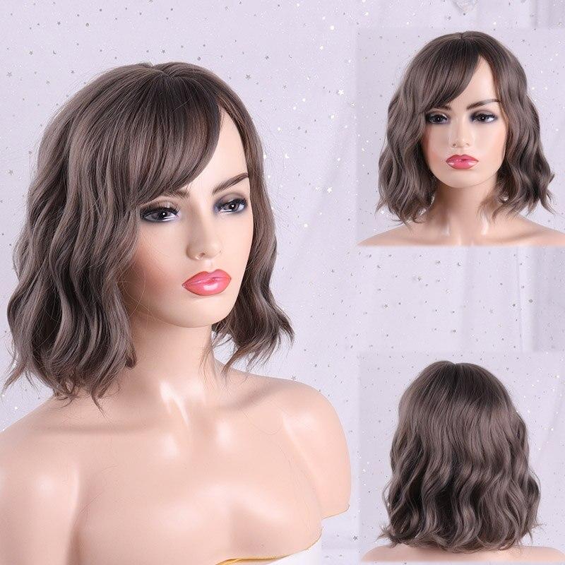 MISS WIG Женский короткий парик с волнистыми волосами и челкой, омбре, коричневый, синий, светлый, парики из синтетического волокна, подходят для косплея, вечеринки, повседневного использования