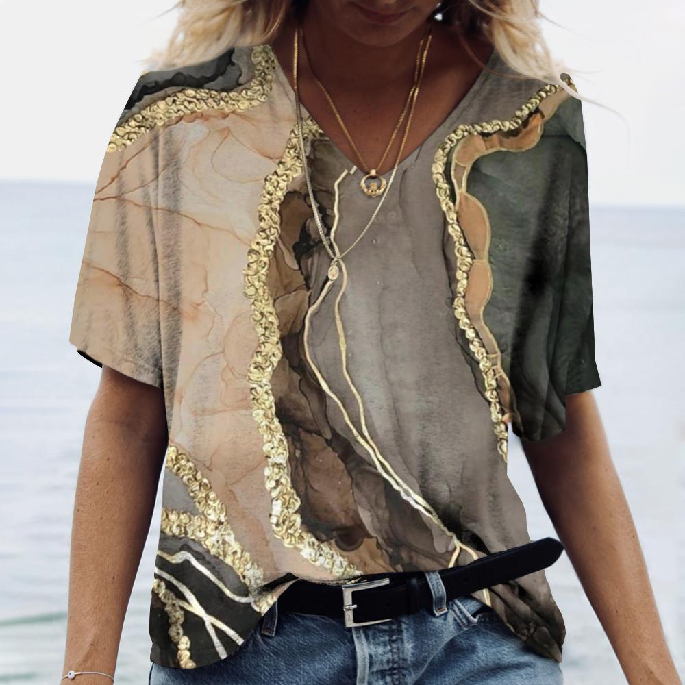 Летние женские футболки с 3D-принтом, градиентная футболка Harajuku, свободные футболки для женской одежды, новые топы с коротким рукавом и V-образным вырезом