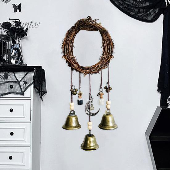 Door Knob Witch Bell Home Protection Handmade Hanging Brass Bell Wishing Bottle Rattan Wreath Witchcraft Door Hanger Wicca Wind Chime Decoration