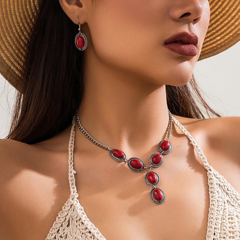 Этнические комплекты ювелирных изделий Vinatge, модные роскошные бирюзовые камни, кулон, ожерелье, комплект серег, элегантные женские обручальные кольца, ювелирные изделия, подарок