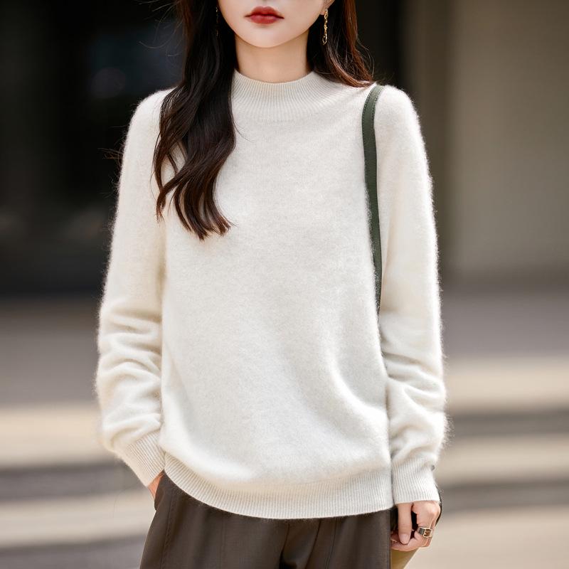 Milk Huhu Women's Solid Color Half-High Collar Wool Knit Sweater - Lazy Style, Brushed Fleece for Autumn/Winter