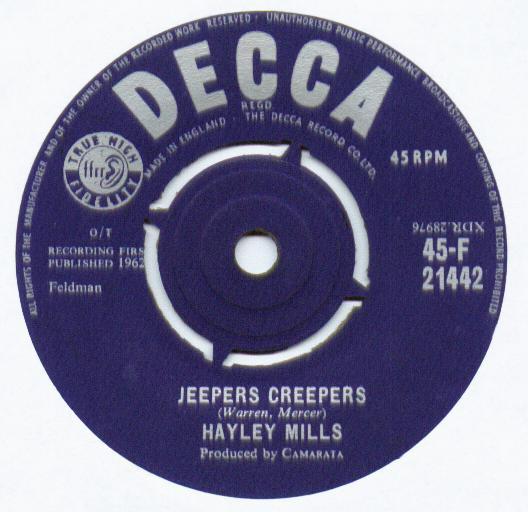 7-дюймовая пластинка ХЕЙЛИ МИЛЛС - Jeepers Creepers 45F21442 Decca 1962 Великобритания Джаз Б/У