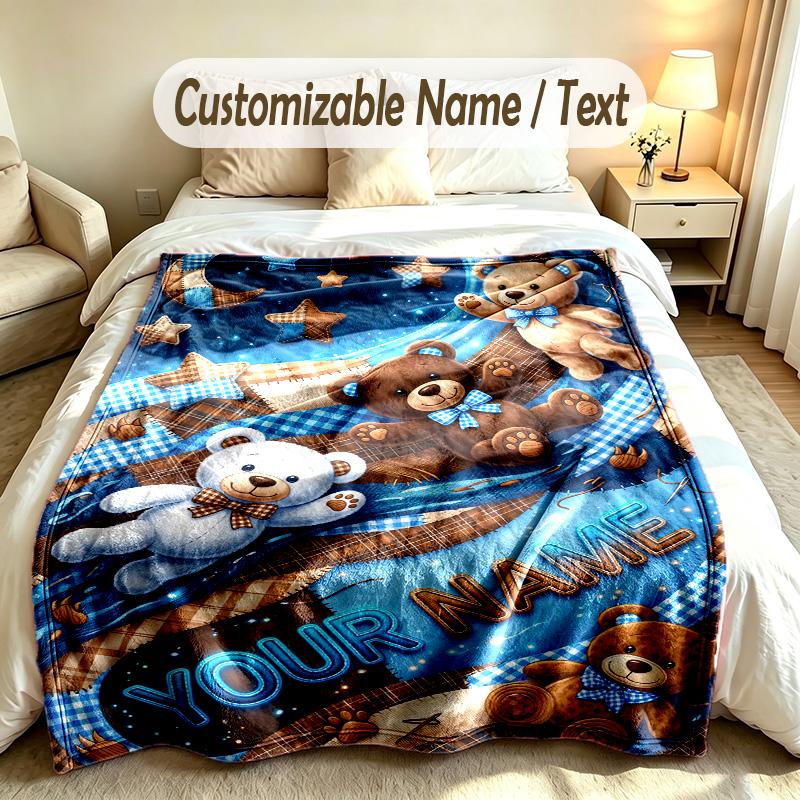 Teddy Bear Theme Custom Blanket Personalized Name & Text Customized Soft Warm Throw Blanket Home Decor