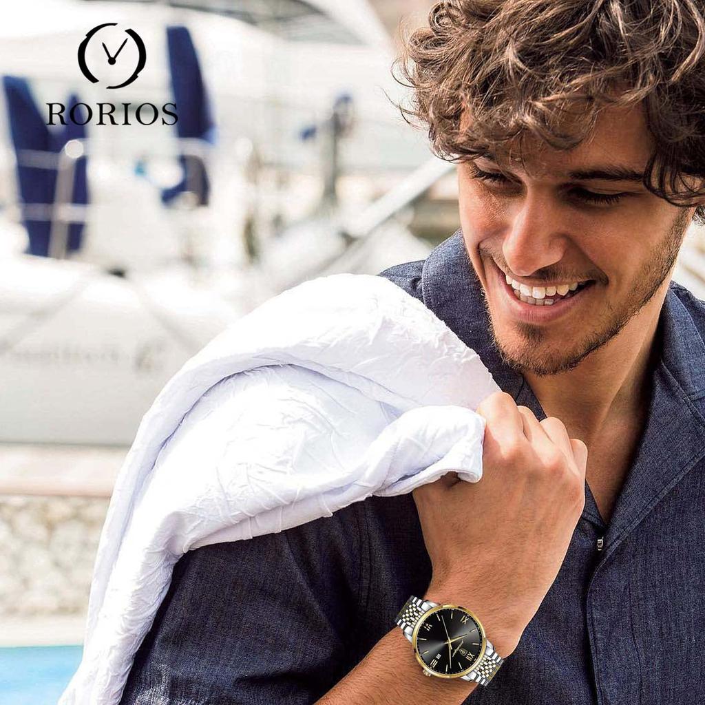 RORIOS Date Quartz Gold Black B Men's Watch, Display, Watch, Lightweight, Multifunctional, Work, Commuting, Stylish, Popular, Business, Simple,