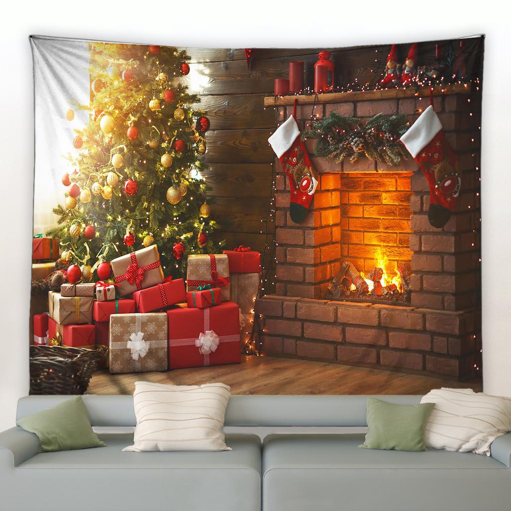 Home Decor Art Wall Hanging Dorm Bedroom Living Room Christmas Tapestry Santa Christmas Tree Ball Gift Fireplace Decoration