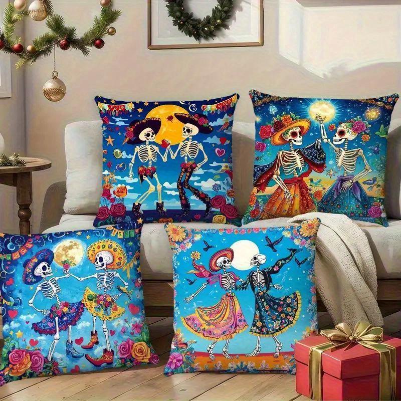 4Pcs 2D Flat Printing, Mexican Day Of The Dead Theme Pillow Covers, Single-Sided Print, Polyester Material, Multiple Sizes