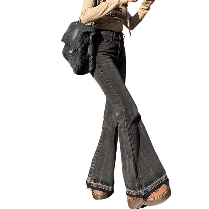 2025 Spring & Autumn Women's High-Waist Slimming Micro-Flare Jeans with Frayed Design