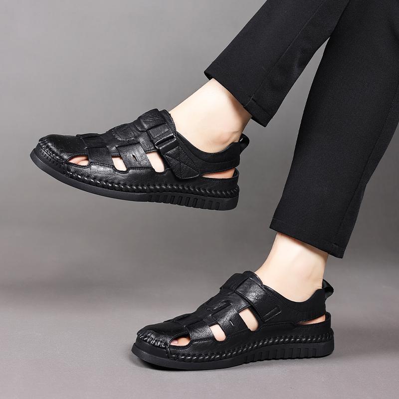Кожаные сандалии для мужчин с круглым носком, легкие и удобные, мужские спортивные сандалии, модные, подходящие ко всему, дышащие, нескользящие, пляжная обувь