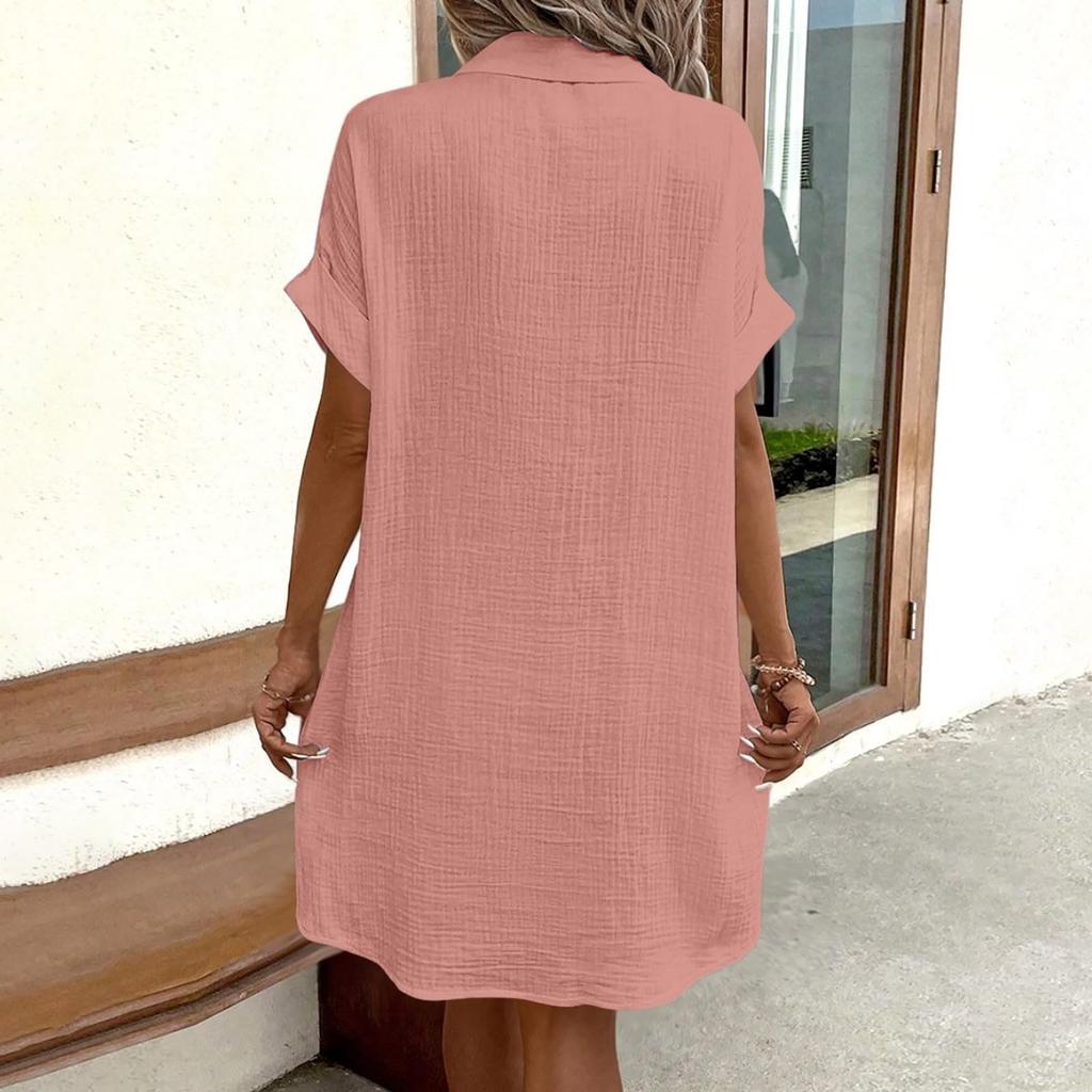 Women'S Fashion Summer Minimalist V-Neck Button Up Dress Woman Cotton Linen White Short Sleeved Pocket Casual Loose Shirt Dress