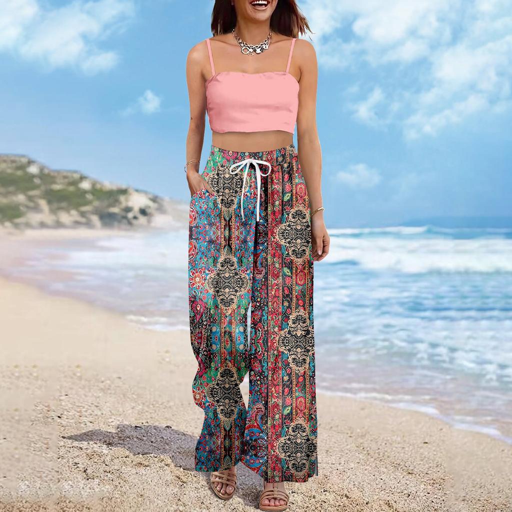 Women Summer Boho Palazzo Pants High Waist Wide Leg Floral Printing Casual Trousers With Pockets