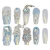 Blue White Fake Nails with Rhinestone Sweet & Charming Reusable False Nails for Manicure Lovers and Beauty Bloggers
