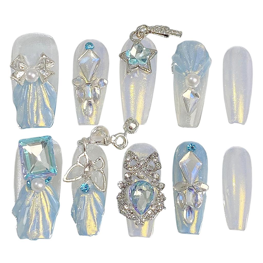 Blue White Fake Nails with Rhinestone Sweet & Charming Reusable False Nails for Manicure Lovers and Beauty Bloggers