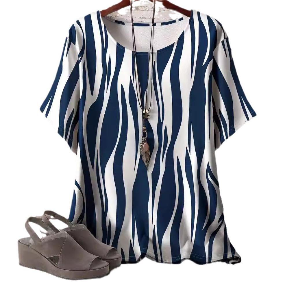 Плюс размер Лето Новый Модный Свободный 3D Печатный Полосатый Топ Для Похудения Футболка С Короткими Рукавами