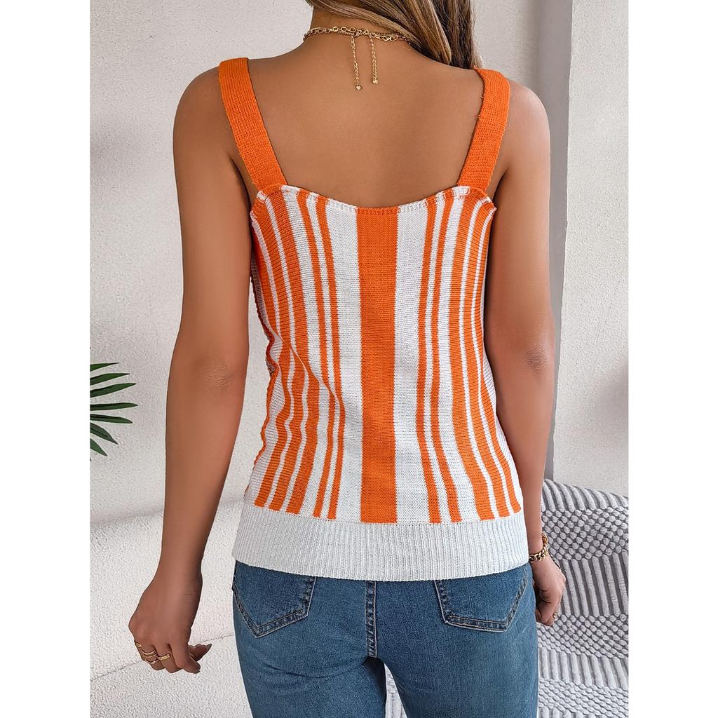 QICED Spring Summer V-neck Button Contrasting Color Cut-out Knitted Sweater Vacation Halter Top Women's Wear