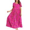 Summer Beach A Line Casual Long Dress Women Short Sleeve Pleated Loose Plus Size Floral Dresses Women Elegant Round Neck Vintage Lady Dress 24896