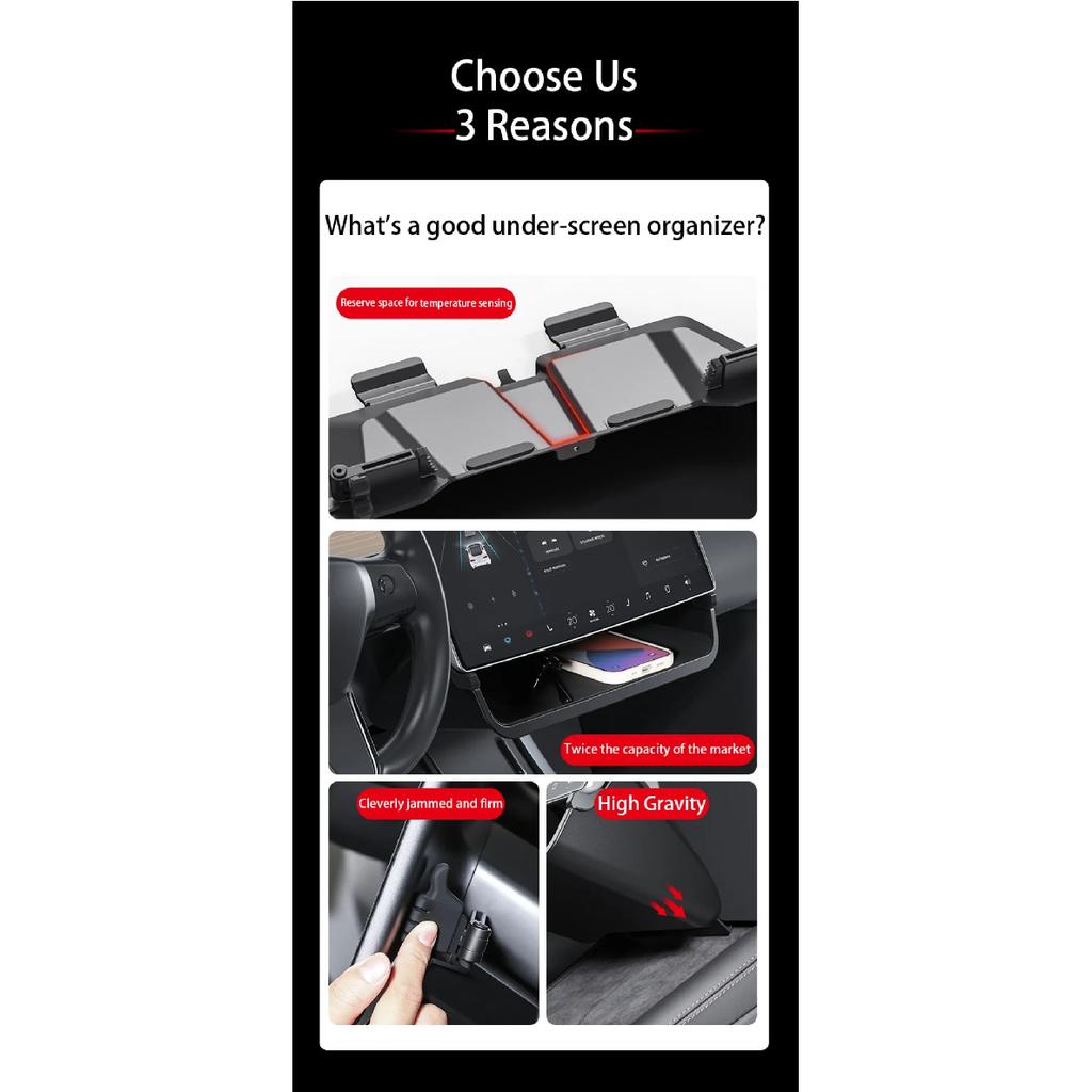 Under Screen Storage Tray for Tesla Model Y 3 2021-2024 Highland Hidden ABS Under Screen Storage Box with Anti-Slip Liner