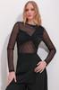 Women's Blouse New Season Fashion Black Crew Neck Tulle Detailed Front Draped Blouse