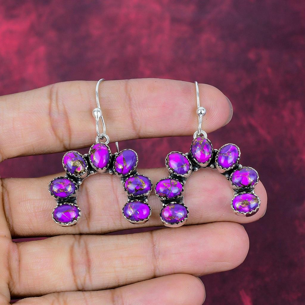 Purple Copper Turquoise Handmade Gemstone Earrings, 925 Solid Sterling Silver Earrings Antique Jewelry, For Engagement Gift