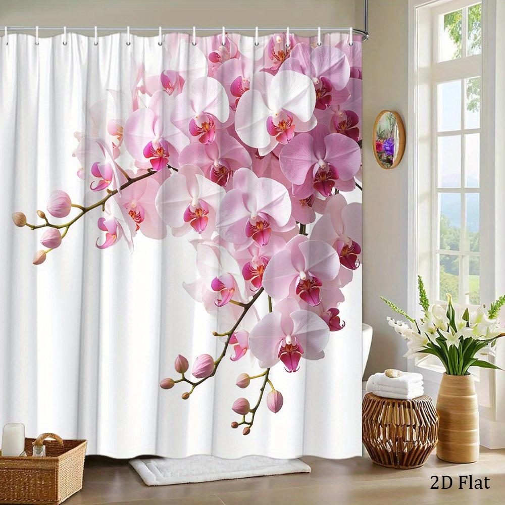 1pc Orchid Shower Curtain White Pink Cascading Flowers Fresh Elegant Design Bathroom Decor with 12 Hooks 70.8x70.8inch