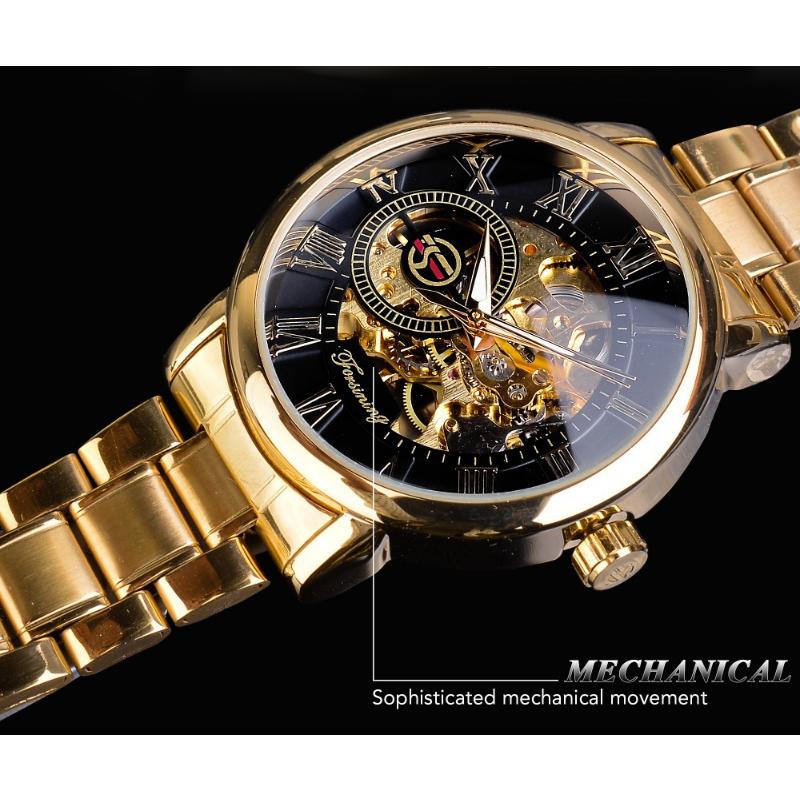 Forsining Часы Мужские модные повседневные золотые часы со стальным ремешком скелетонизированные механические часы