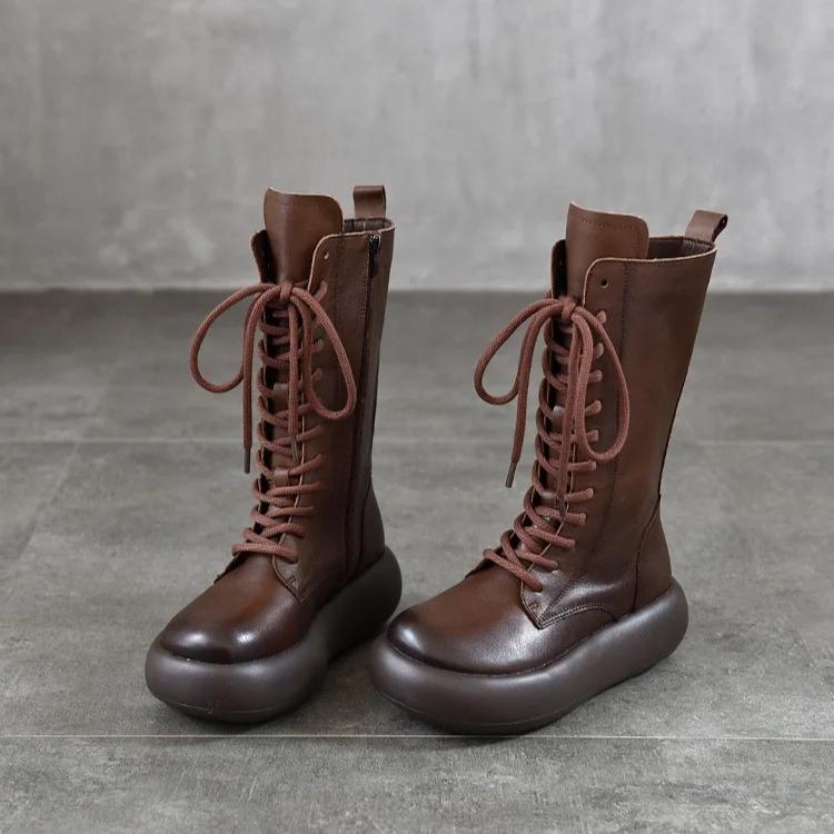Johnature Ботинки до середины икры из натуральной кожи с круглым носком и толстой подошвой, в стиле ретро, на шнуровке, с боковой молнией, универсальные женские ботинки