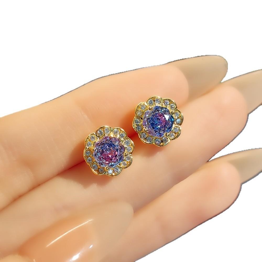 Exquisite Colorful Octagon Millennium Rose Cut Paraiba Ring Set Light Luxury High Carbon Diamond Redstone Stud Earrings Pendant