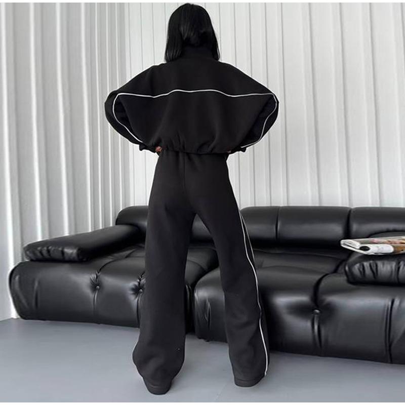 Женский повседневный свободный комплект из двух предметов на весну и осень, длинный рукав, воротник-стойка, толстовка с капюшоном на молнии, эластичный пояс, широкие брюки